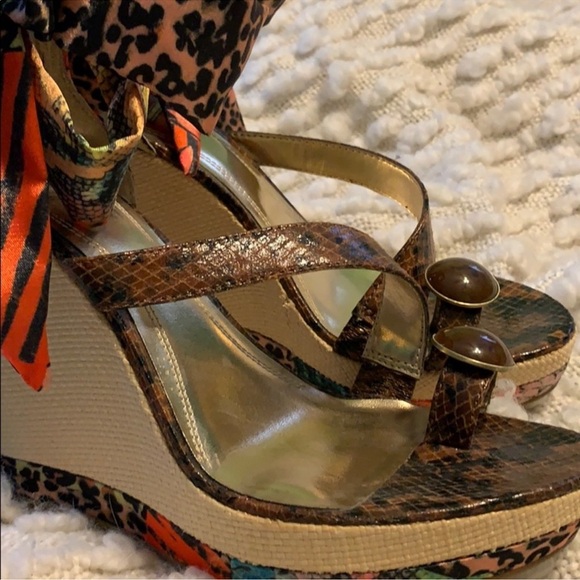 NWT Carlos Falchi Cruz Wedge Sandals 9.5 Multi Animal Print Ribbon Raffia Heel - Picture 5 of 10